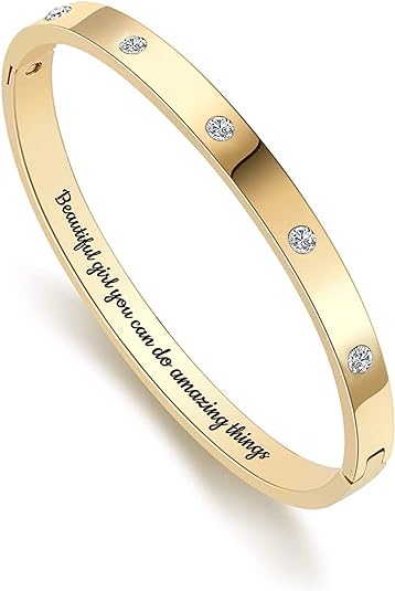 14K Real Gold You Can Do It Bangle Bracelet Cuff CZ Stainless Steel Waterproof Bracelet