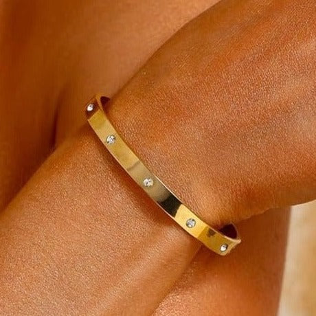 14K Real Gold Believe In You Bangle Bracelet Cuff CZ Stainless Steel Waterproof Bracelet