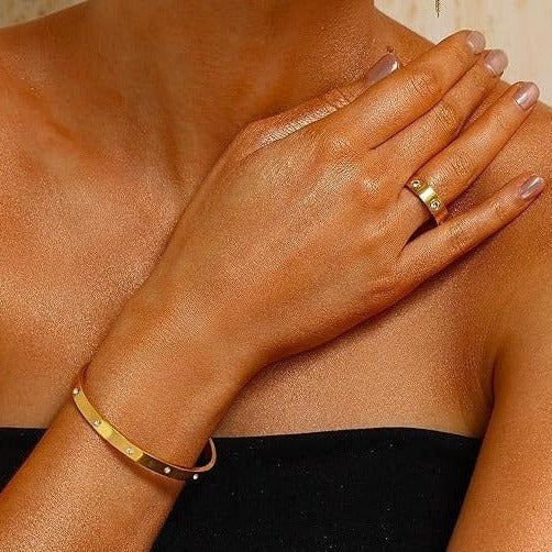 14K Real Gold Believe In You Bangle Bracelet Cuff CZ Stainless Steel Waterproof Bracelet