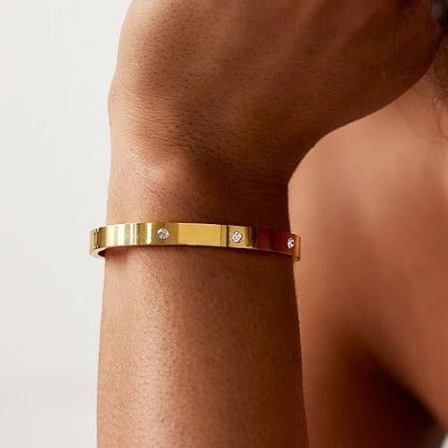 14K Real Gold Believe In You Bangle Bracelet Cuff CZ Stainless Steel Waterproof Bracelet