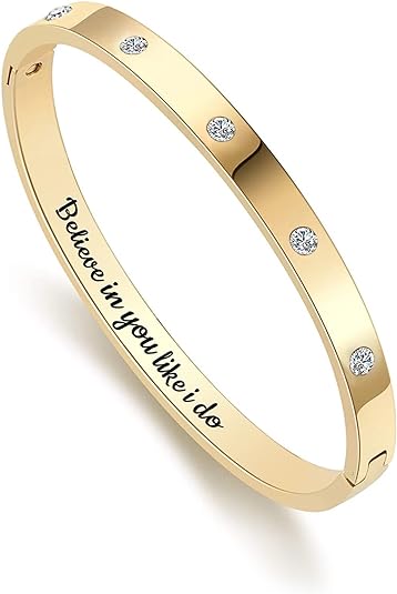 14K Real Gold Believe In You Bangle Bracelet Cuff CZ Stainless Steel Waterproof Bracelet
